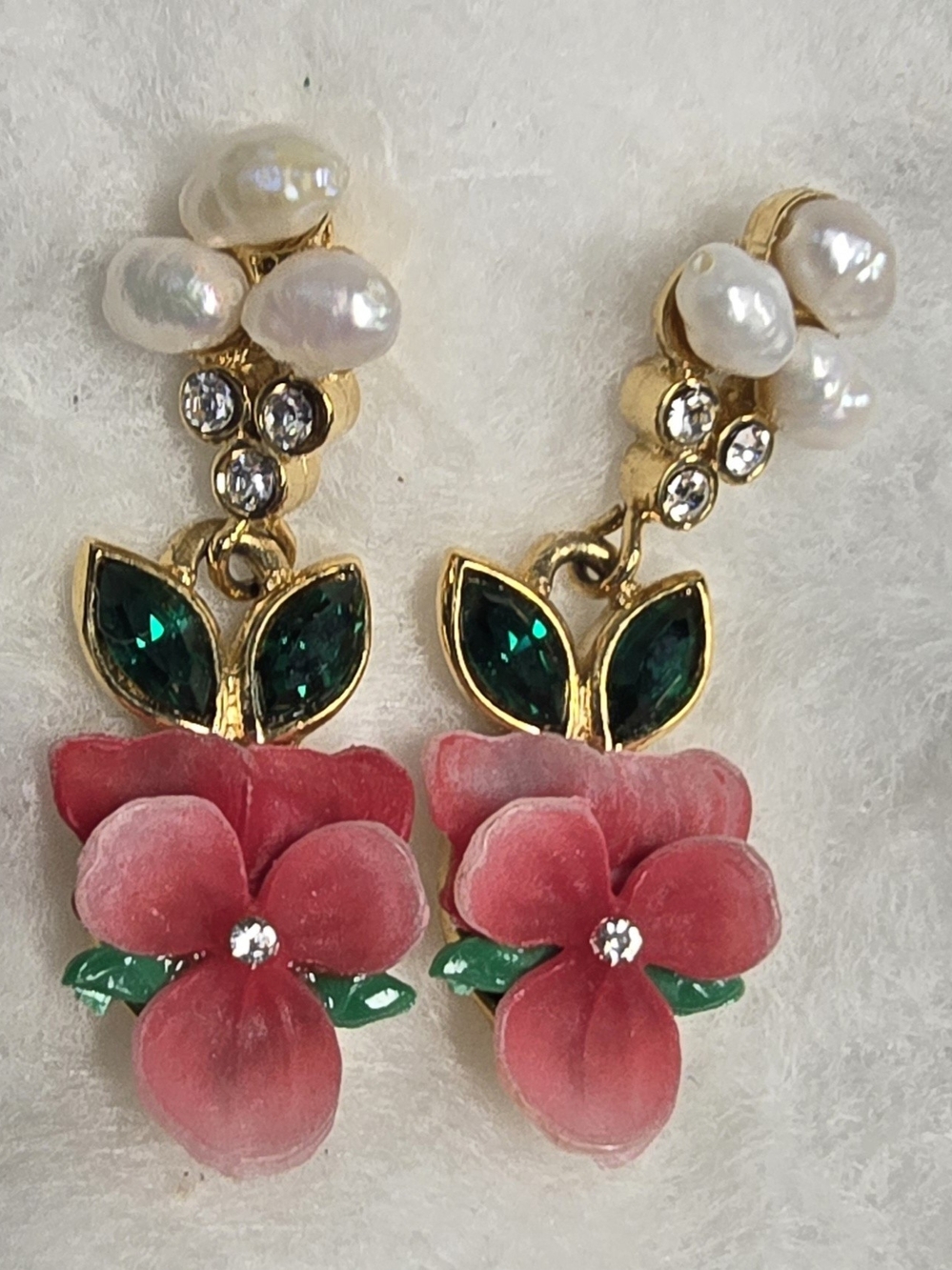 Elegant Pink Flower Pearl Drop Earrings with Green Accents